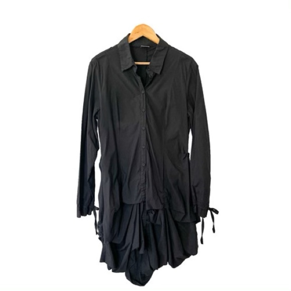 Luna Luz Black Button Front Ruffle Gathered Havelock Long Sleeve Dress Tunic XL